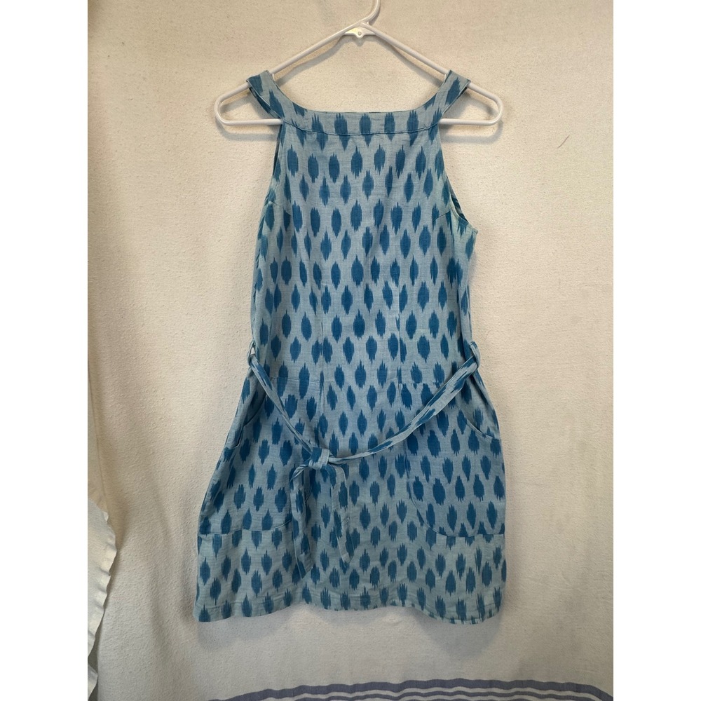 Passion Lilie Dress Blue Ikat Sleeveless Cotton Shift Belted Pockets Small